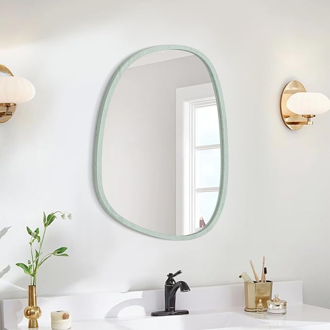 Green Wall Mirror Asymmetrical Irregular Wood Frame Mirror for Wall Unique Modern Wall-Mounted Artistic Oval Shape Small Mirror Decor for Bedroom Living Room Bathroom Entryway Hallway Vanity