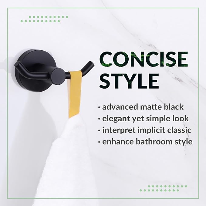 APLusee Double Bath Towel Hook, Premium Stainless Steel Coat Holder, Modern Bathroom Kitchen Storage Hanger Wall Mounted, Matte Black
