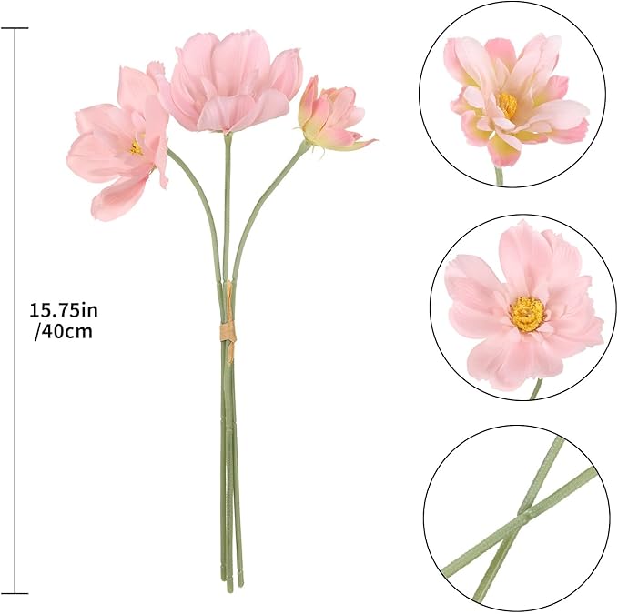 INSUNX 5 Bouquet Cosmos Artificial Flowers Light Pink Fake Daisy Flowers 15Pcs Faux Wildflowers Silk Flowers for Wedding Garden Home Party Table Centerpieces Cake Decor (Light Pink)