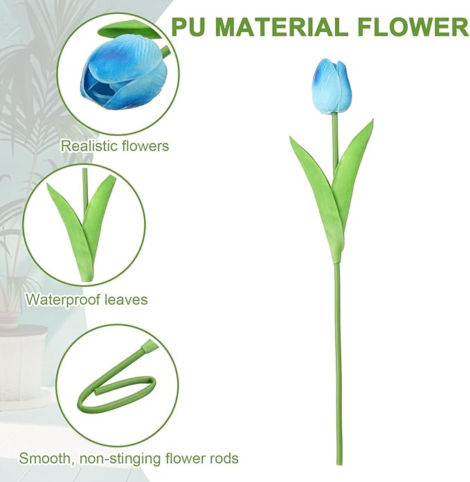 uxcell 20pcs Tulips Artificial Flowers, Faux Flowers Silk Fake Tulip Stems Real Touch for Wedding Bouquet Centerpiece Table Party Decoration(Gradient Blue)