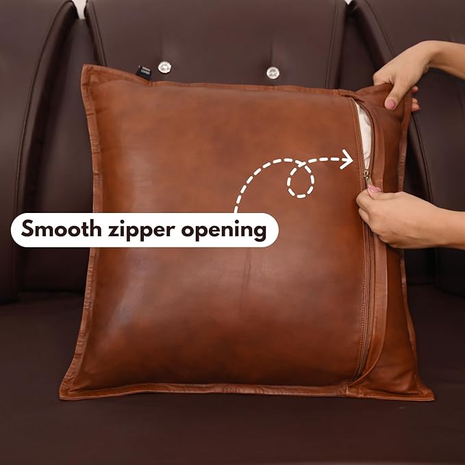 D DOLLY LAMB Lambskin Leather Pillow Cover - Sofa Cushion Case - Decorative Throw Covers for Living Room & Bedroom, 20x20 Inches - Dark Tan Box