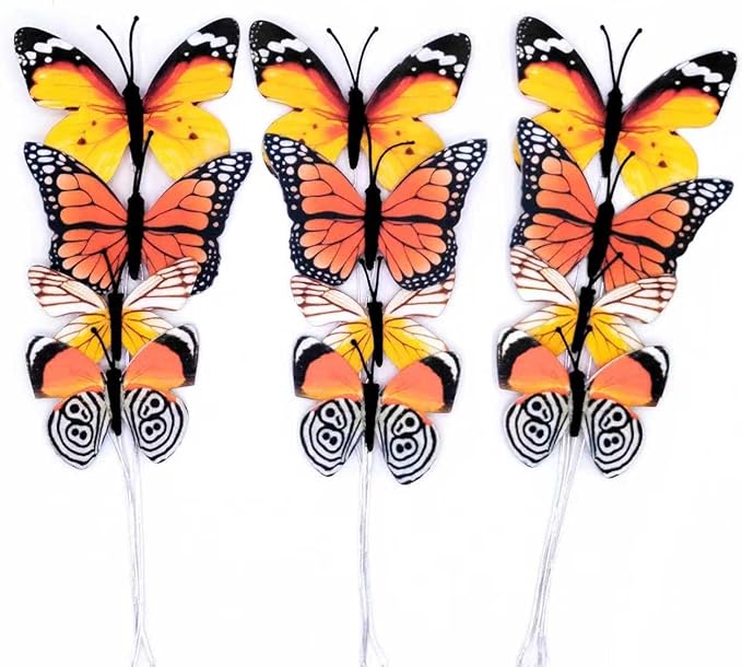 12 PCS Artificial Fabric Butterflies, 2 Sizes Reusable Butterly Crafts Decor, DIY 3D Butterfly Decorations for Fake Flowers Floral Nursery Wedding Tea Party Birthday Easter Spring. (Orange01 Medium)