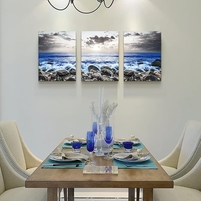 SERIMINO Beach Canvas Wall Art for Living Room, Blue Coastal Wall Decor for Bedroom, Seaside Pictures for Bathroom Wall Decoration, Ocean Painting Set for Office, Home Decor 12"X16"