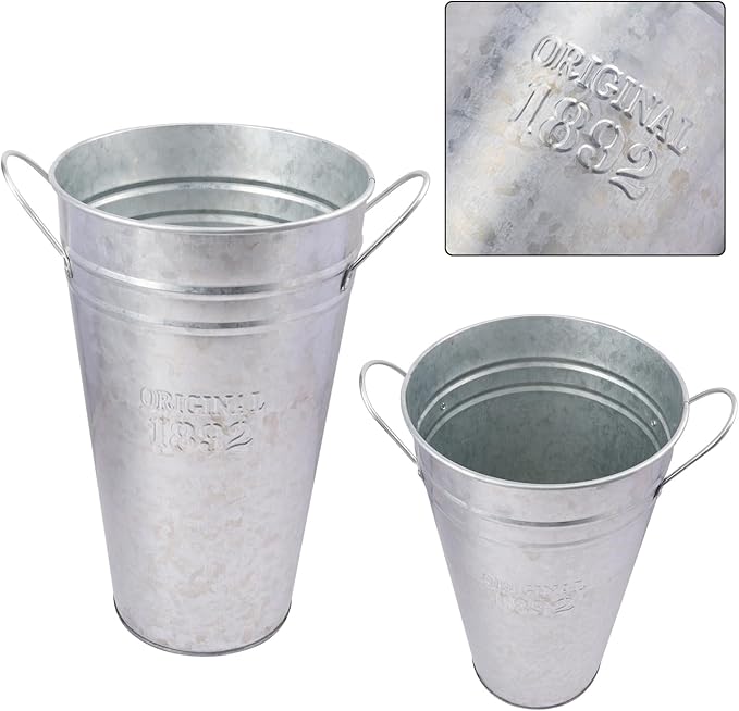 3 Packs 12 Inch Tall Galvanized Metal Flower Vases with Handles, Metal Flower Buckets for Cut Flowers, Country Wedding, Table Centerpiece Decorations(Sliver)