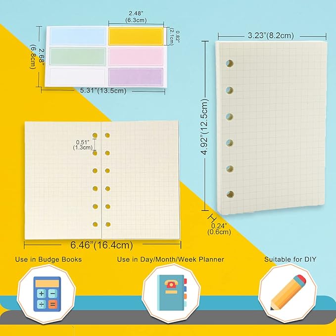 A7 Planner Refill,4 Pcs per Set, 360pages, Grid Mattrix Paper, with Label Stickers Gift,Mini Binder Refills,6 hole/100gsm Thick Paper/4.84 x 3.23'', Harphia