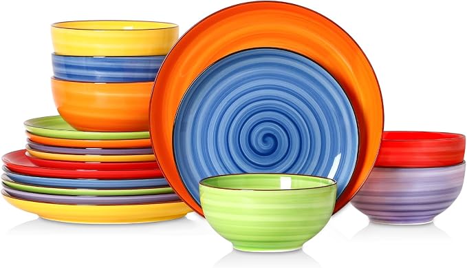 Selamica Ceramic Plates and Bowls Sets,18 Pieces Dinnerware Sets for 6,Dishwasher & Microwave Safe dish set,Family & Holiday Dining, Dopamine