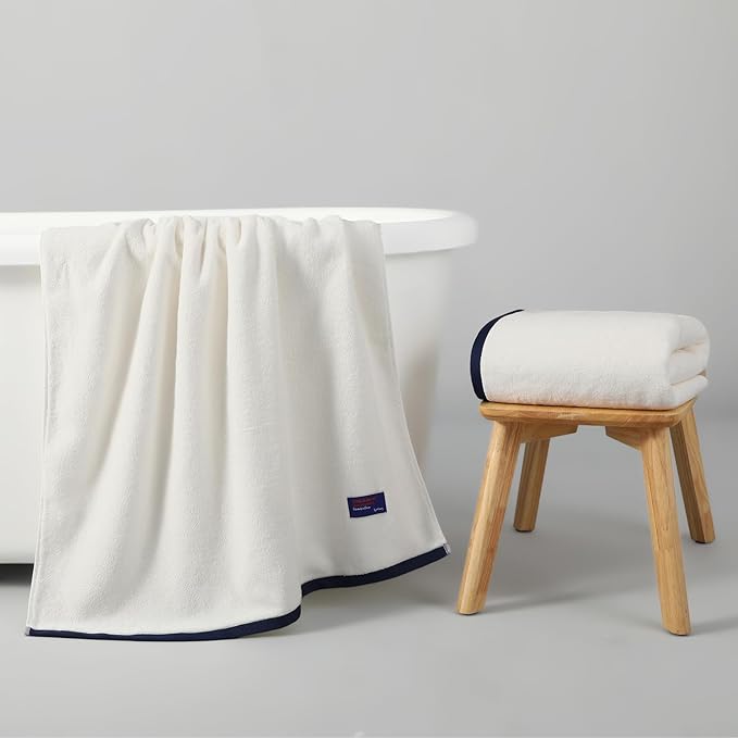 REDKISS 2 Pack Cotton Bath Towels, Soft Absorbent 600 GSM, 27x54 Inch | Quick Dry | Reinforced Stitching | Modern Contrast Border Design | Machine Washable | Bathroom, Gym|Spa & Guest Use | White