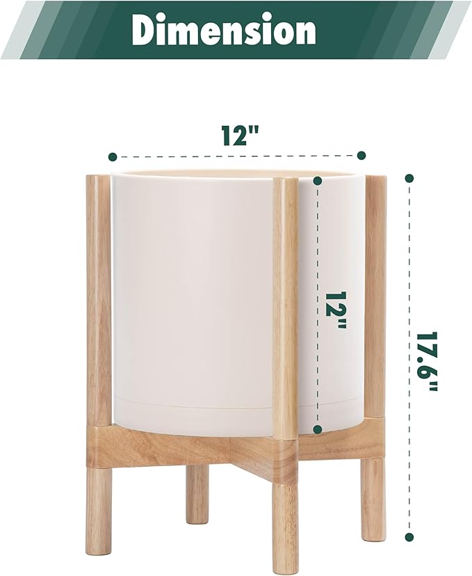 D'vine Dev Planter Pot with Stand - 12 Inch Plastic Cylinder Flower Pot with Wood Planter Holder for Indoor, Oatmeal Pot + Natural Stand, 55-C-P-4