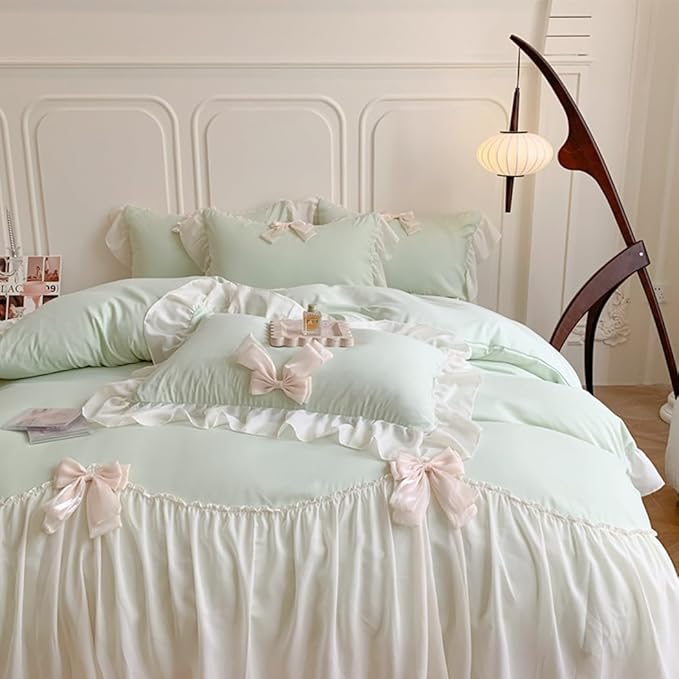 Ruffled Bedding Bow Duvet Cover Set with Butterfly Tie, Soft Brushed Microfiber Shabby Chic Bedding Set with Zipper Closure