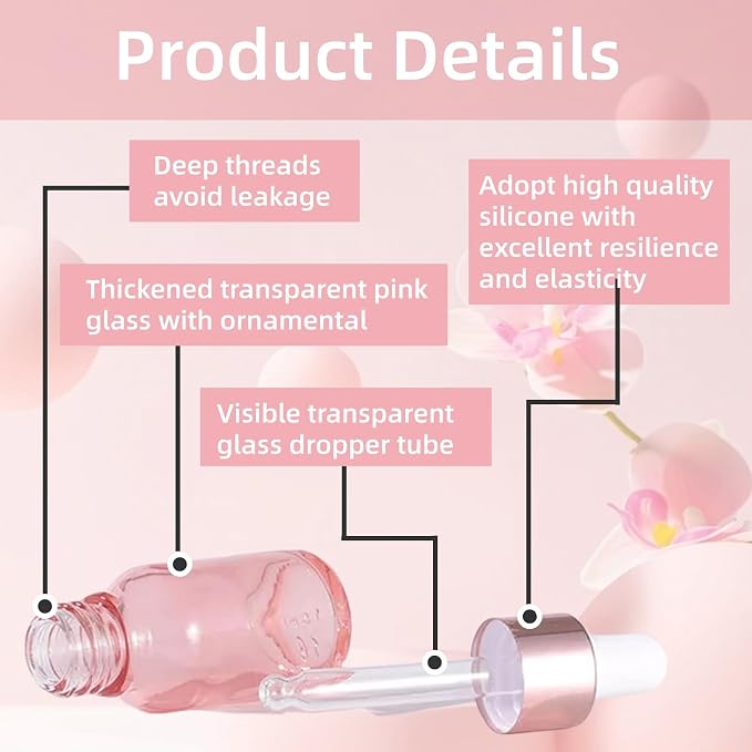 3PCS Dropper Bottle 1 oz Glass Dropper Bottles with Dropper Pipettes Small Sample Dropper Bottles Refillable with Funnels and Labels for Essential Oils, Aromatherapy(30ml Pink)