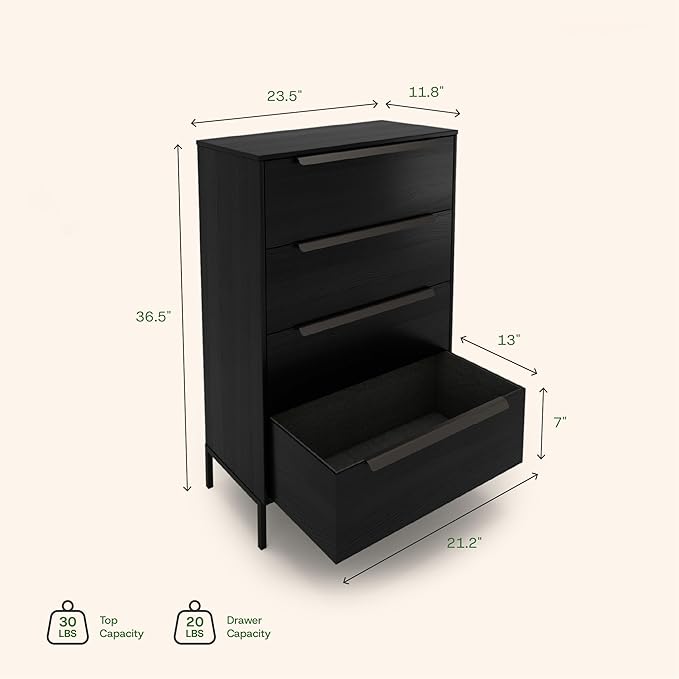 tinge Lira Premium Fabric Dresser - Solid Wooden Frame, 4 Spacious Sag-Proof Drawers with Sleek Metal Handles - Sleek & Durable Storage Solution for Your Home (Black)