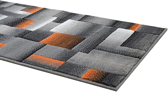 HR 2’ x 7’ Runner in Electric Orange - Premium Quality Orange/Black/Gray Abstract Geometric Modern Squares Pattern Area Rug - Contemporary Styling for Living Room, Bedroom - Unique Home Decor