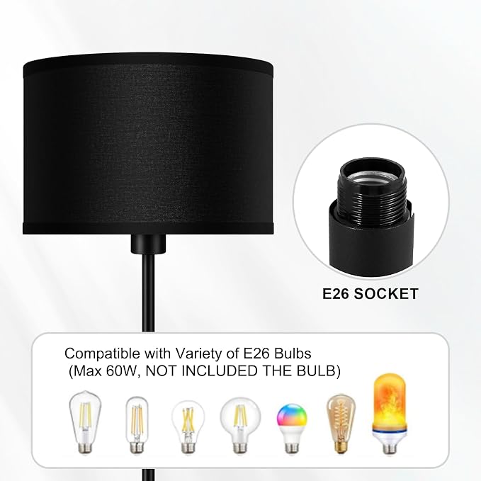 AUQUEE Floor Lamps for Living Room, Modern Standing Lamp, Black Lamp Shades, Foot Switch, Simple Pole Lamps Corner Lamp for Bedroom,Office, Living Room, Den, Bright Reading Floor Lamp(Without Bulb)