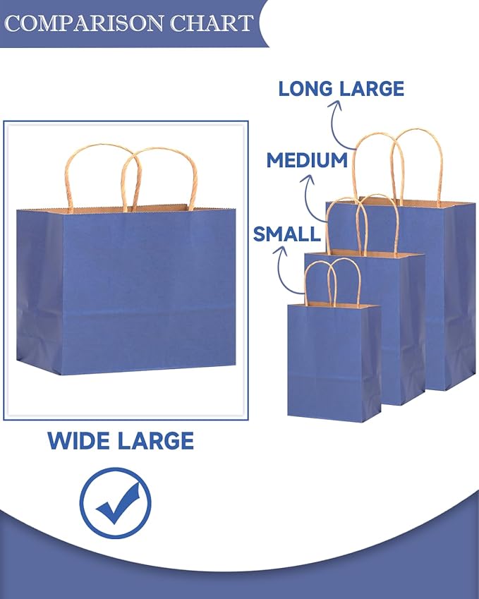 qiqee 13"x4.5"x10" Large Gift Bag with Handles Bulk 32PCS Gift Paper Bags Deep Blue Bags Multiple Uses (Wide Large)