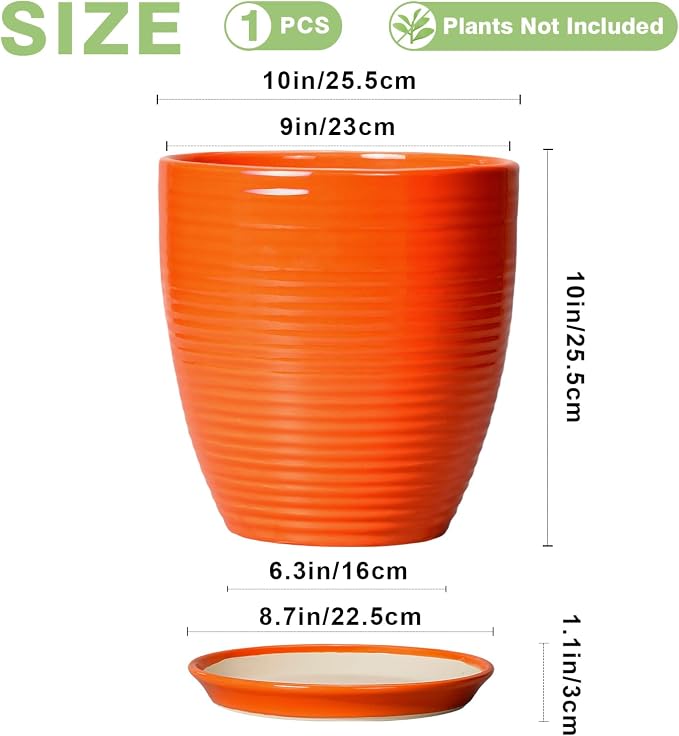 10 Inch Plant Pot, Ceramic Planters for Plants with Drainage and Saucer, Orange