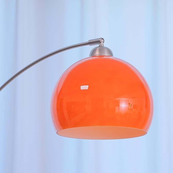 Orange Arc Floor Lamp, Mid Century Modern Arched Floor Lamp with Orange Glass Shade, Adjustable Height & Reach, Brushed Nickel Stainless Steel, White Marble Base Standing Lamp for Living Room Bedroom