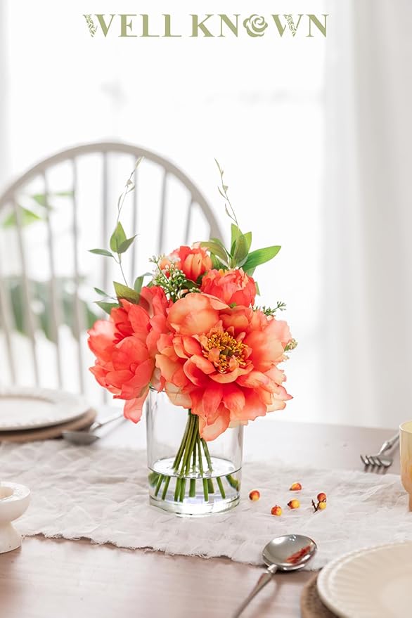 WELL KNOWN Artificial Flowers in Glass Vase with Fake Water, Silk Peony Flower Bouquet for Home Dinning Tea Table, Office Desktop, Hotel, Wedding, Party, Lavatory Decor & Gift (Coral and Orange)