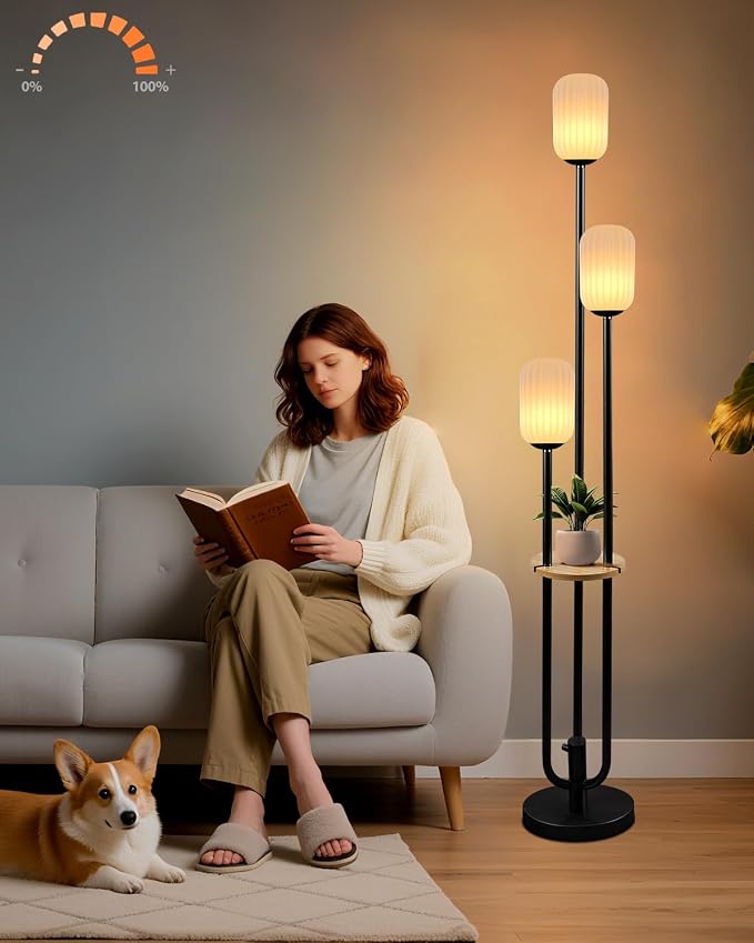 Floor Lamp for Living Room, Dimmable Vintage Floor Lamp with Shelf & LED Bulbs, 3 Light 3000K Soft Warmwhite Mid Century Standing Lamp, Tall Lamps with 5Lbs Heavy Base for Bedroom Home Decor