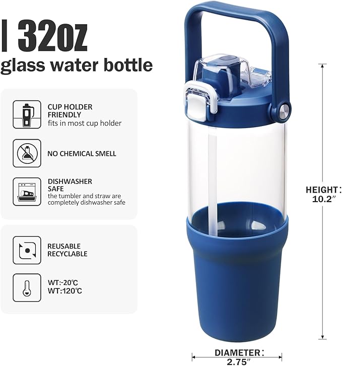 Glass Tumbler with Carry Handle, Clear Glass Water Bottle with Leakproof Lid, Spout Lid&Straw, BPA-Free, 32 oz, DBlue