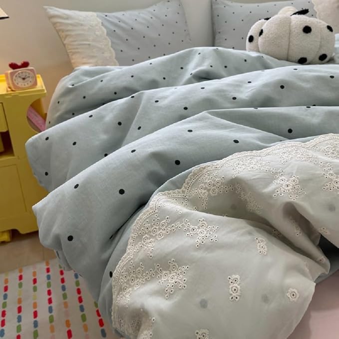 Twin XL Comforter Set Lightweight Polka Dots Comforter for Girls Teens Fluffy Soft Microfiber Princess Style Lace Bedding Comforter with 2 Pillowcases Cute Black Dots Pattern Blue Comforter Set
