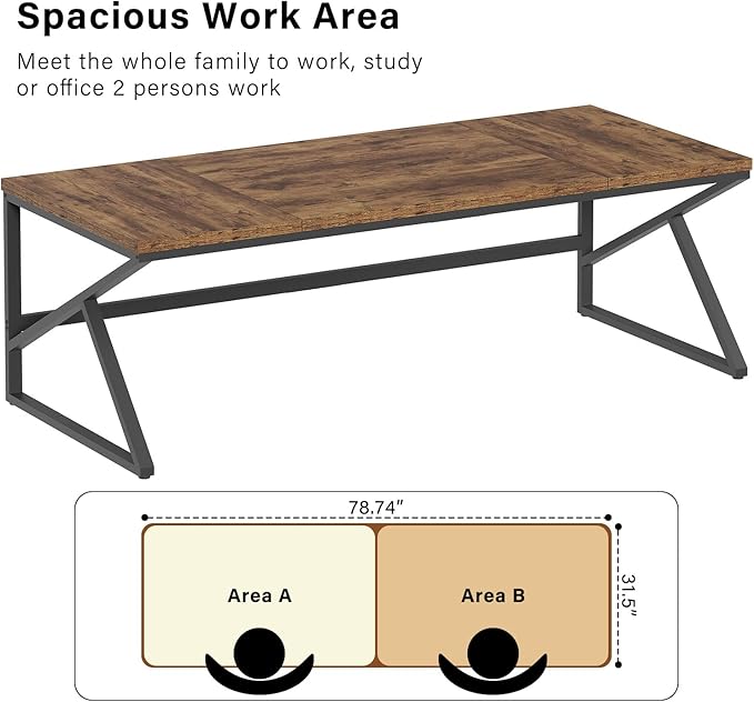 HSH Large Rustic Brown Computer Desk, 78 Inch Extra Long Metal Wood Desk for Home Office, Two Person Executive Writing Study Gaming Desk Table, Bedroom Living Room PC Laptop Dual Monitor Desk