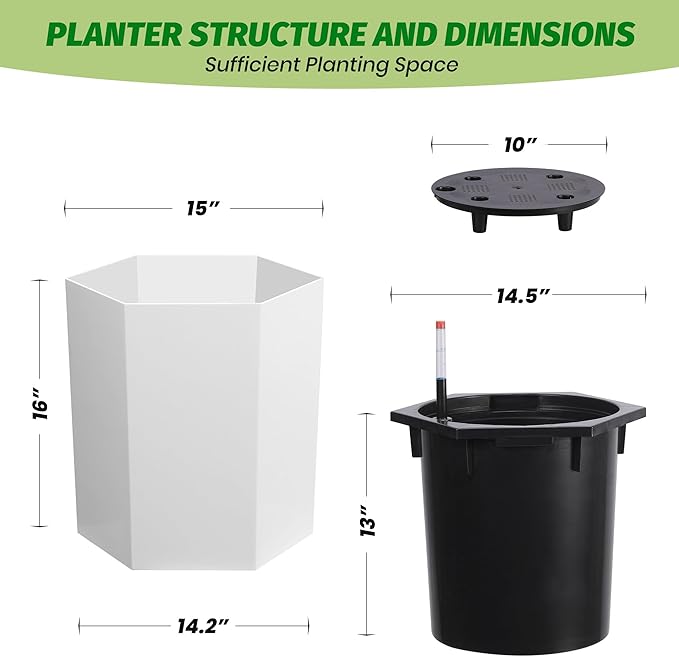 16in Plant Pots Set of 2, Self Watering Planters for Indoor Plants with Water Level Monitoring, Bottom Wheels and Water Outlet for Garden Flower Pot, Patio, Balcony, Lounge, Front Porch Decor