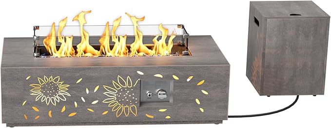 2-Piece 42" LED Rectangular Propane Fire Pit for Outside Patio with Hidden Tank Table, 50,000 BTU Fireplaces with Glass Wind Guard, Lid, Glass Rocks, Cover(Sunflower w/Warm Light)