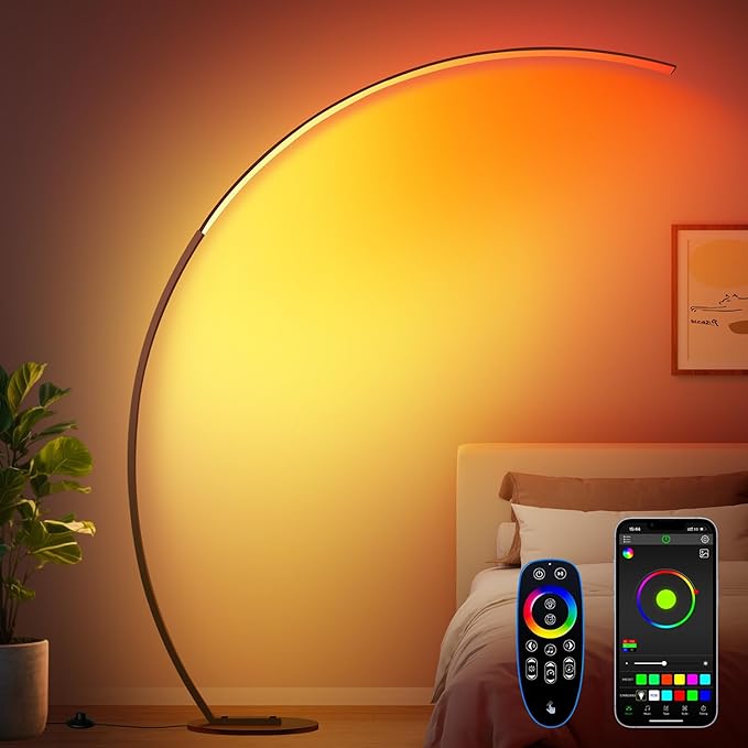 RGB Floor Lamp with 3 Color Temperatures, Ultra Bright 1800LM Smart Arc LED Floor Lamp with Remote Control, Music Sync, Scene Modes, Modern Standing Tall Lamp for Bedroom Living Room Gaming Room-Brown