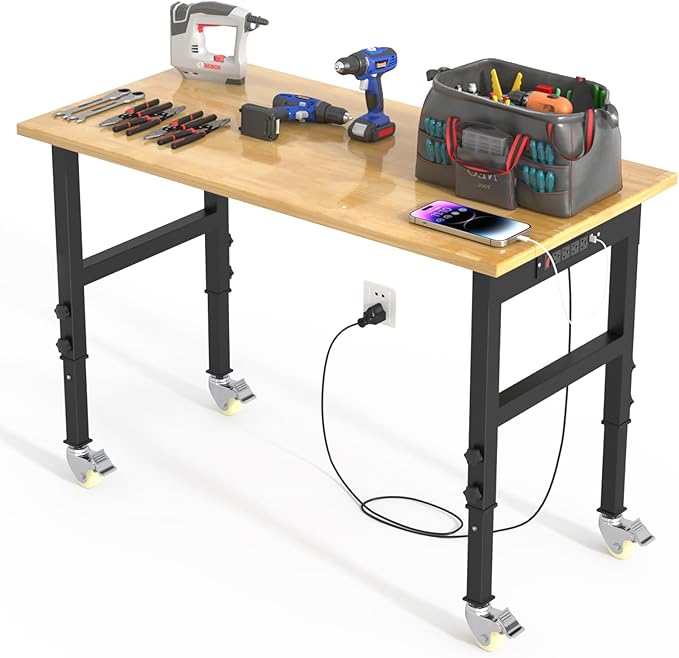 Adjustable Heavy Duty Workbench with Wheels,Rubber Wood Top Working Table, 2500 LBS Load Capacity with for Workshop and Office,etc.