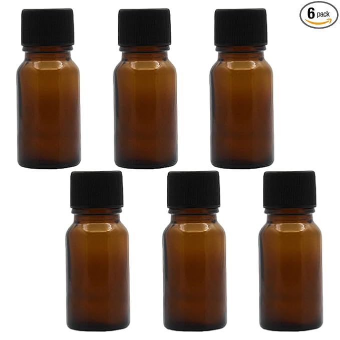6Pcs Amber Glass Essential Oil Bottles with Orifice Reducer and Black Cap Empty Cosmetic Perfume Aromatherapy Storage Container Vial Pots Portable Refillable size 10ml/0.33oz