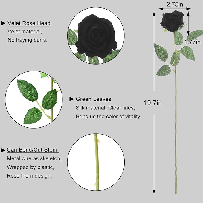 50Pcs Black Roses Artificial Flowers Fake Rose Faux Velvet Silk Flowers for Home Wedding Decoration (Pearl Roses, Pure Black)