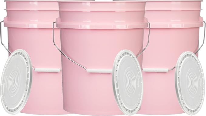 House Naturals 5 Gallon Pink Food Grade Plastic Storage Bucket with Lid Cover (Pack of 3) Made in USA (with White Easy Open Close Lids)
