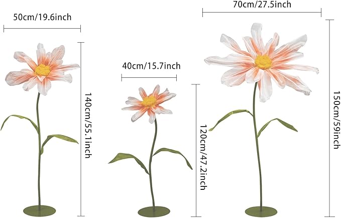 3Pcs Wedding Artificial Daisy Flowers Giant Artificial Paper Flowers Artificial Daisy Flower 3-Head Giant Fake Flowers with Standing Stems and Base for Wedding Wall Party Decor