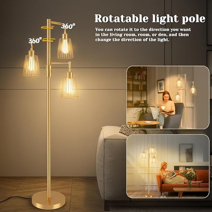 PESRAE Dimmable Industrial Floor Lamp, Farmhouse Floor Lamp Standing Tree Lamp with 3 Elegant Teardrop Cage Heads & Included 3 x 1200LM Edison LED Bulbs, Tall Lamp for Living Room, Bedroom (Gold)