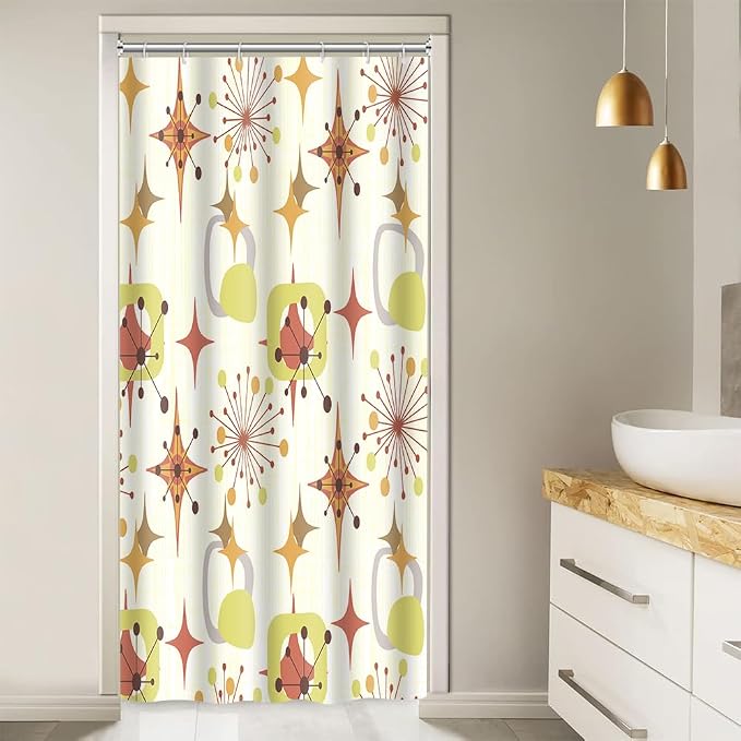 Mid Century Shower Curtain, 36x72inch, Modern Abstract Retro Yellow Striped Geometric Shower Curtain Sets 1950s Boho Bathroom Shower Curtain with 6 Hooks