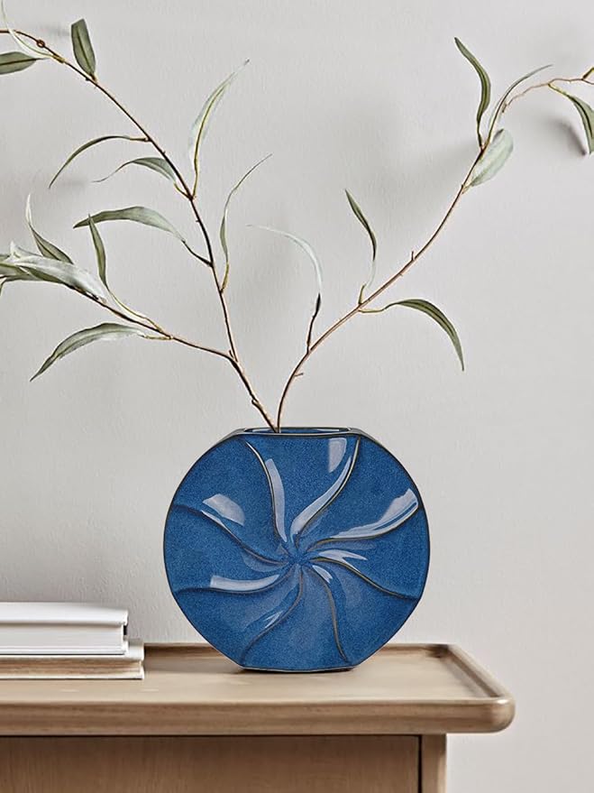 Blue Ceramic Vase for Home Decor – 11.4" x 10.2" Modern Decorative Vase for Pampas Grass, Artificial Flowers & Dried Bouquets – Elegant Textured Flower Vase for Living Room, Bedroom & Office
