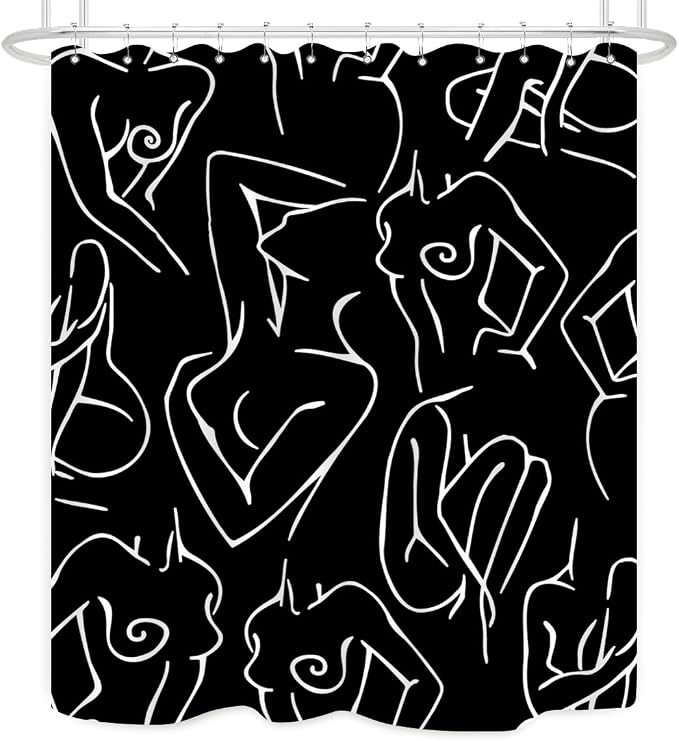 Black White Shower Curtain Abstract Woman Naked Nude Line Minimalist Sexy Girls Modern Art Decor Aesthetic Fabric for Home Bathroom Waterproof Fabric 72Lx60W Inch with Plastic 12PCS Hooks