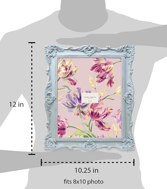 Laura Ashley 8x10 Powder Blue Ornate Textured Hand-Crafted Resin Picture Frame w/Easel & Hook for Tabletop & Wall Display, Decorative Floral Design Home Décor, Photo Gallery, Art (8x10, Powder Blue)