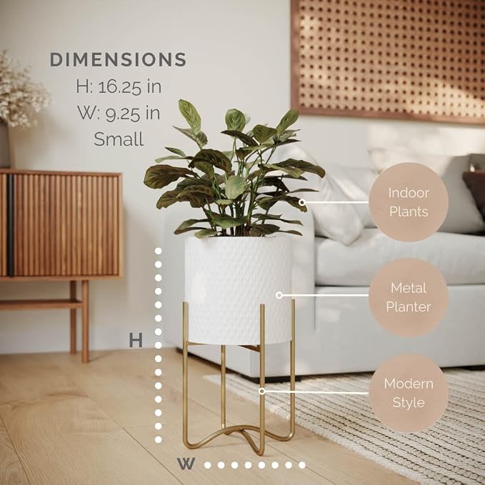 EverNest Claire Mid-Century Modern White Plant Pot with Ambrose Stand, SelectBase, Indoor Plant Pot, Bohemian Style, Minimalist Plant Home Décor (Small, Gold)