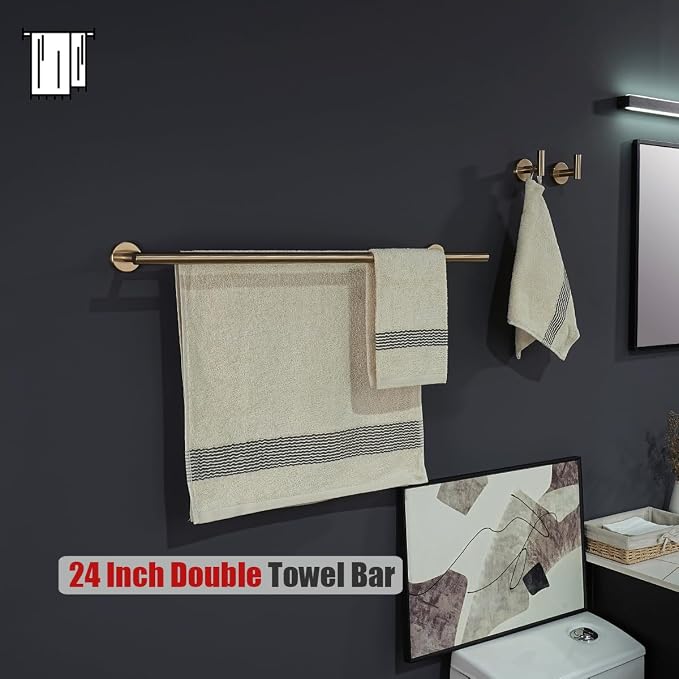 JQK Double Towel Bar Champagne Bronze, 27 Inch 304 Stainless Steel Thicken 0.8mm Towel Rack for Bathroom, Towel Holder Wall Mount, Useable Length 24 Inch, TB100L24-CB