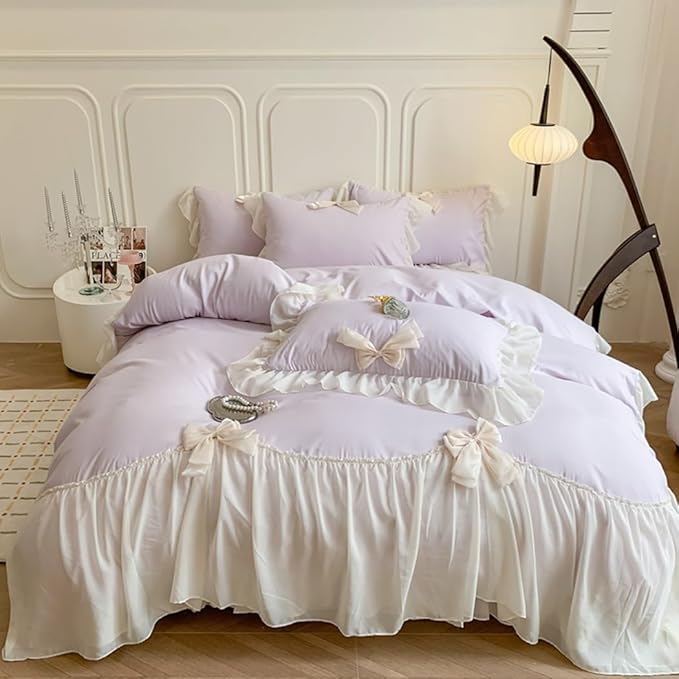 Girls Lace Bedding,Purple Queen Comforter Cover Set, Chic Ruffled Duvet Cover with Lovely Bow,Princess Style 1 Duvet Cover with 2 Pillowcases, No Comforter,Purple,Queen Size