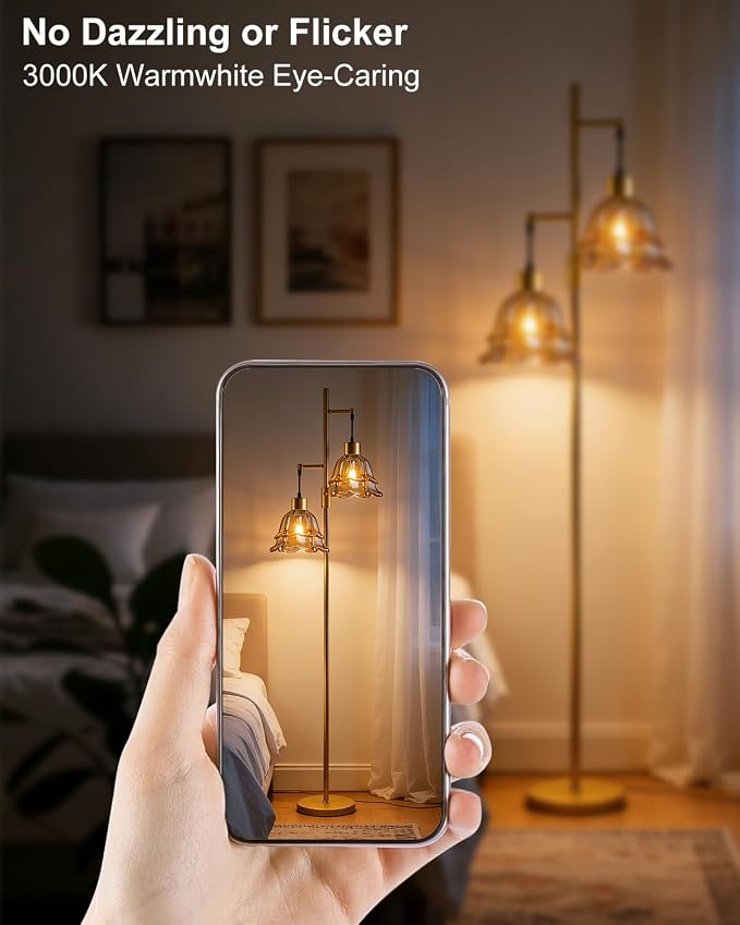 Lightdot 65IN Gold Flower Floor Lamp for Living Room, 2-Light Dimmable with Amber Glass Lampshade, 3000K Warm White Modern Standing Tall Lamp with 5Lbs Heavy Base for Bedroom Sofa Beside Corner Decor