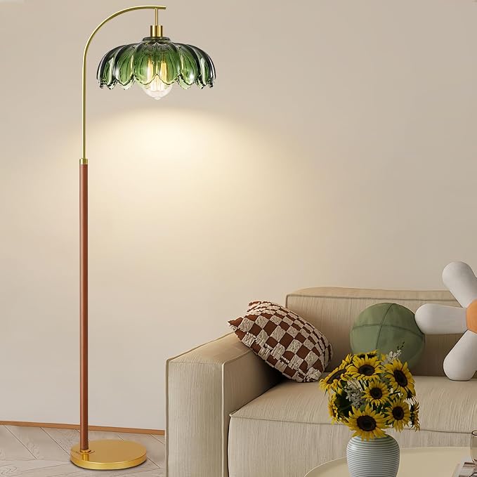 Wood Floor Lamps for Living Room,Gold Floor Lamp with Remote Control & Glass Lampshade,Arc Flower Lamp Dimmable Mid Century Modern Standing Lamp Vintage Farmhouse Tall Floor Lamp For Bedroom Corner