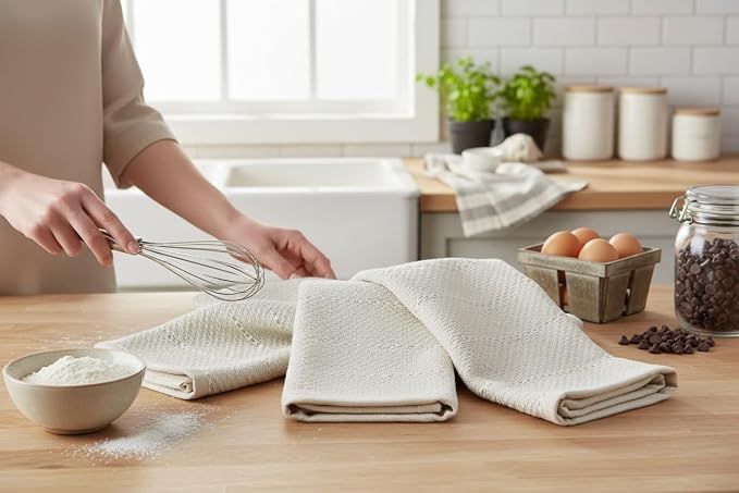 Off White Ivory Cream Kitchen Hand Dish Towels: Oversized 28" x 18",100% Cotton Cloth Soft Cleaning Drying Absorbent Textured Design, Set of 3 Multipurpose for Everyday Use (Creme Textured)