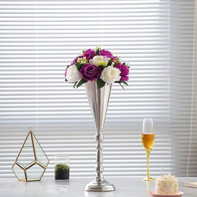 10pcs Tabletop Metal Wedding Flower Trumpet Vase Wedding Centerpiece Flower Vase for Wedding Event Decoration Living Decor Party Decor (Silver, 10×L)