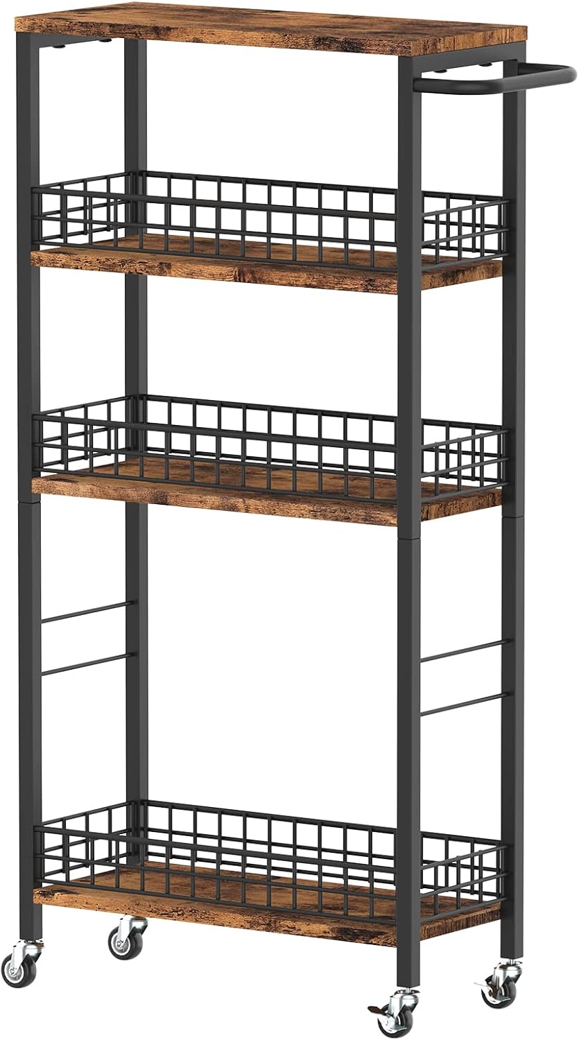 Skiennix Slim Rolling Kitchen Cart - 4-Tier Mobile Shelving Unit with Wood Top for Small Spaces | Brown