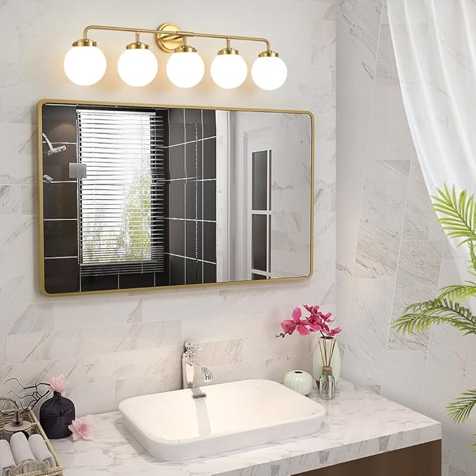 Bathroom Light Fixtures Gold Vanity Lights Over Mirror, Modern Wall Sconce Lighting 5-Light with White Glass Globe Shade