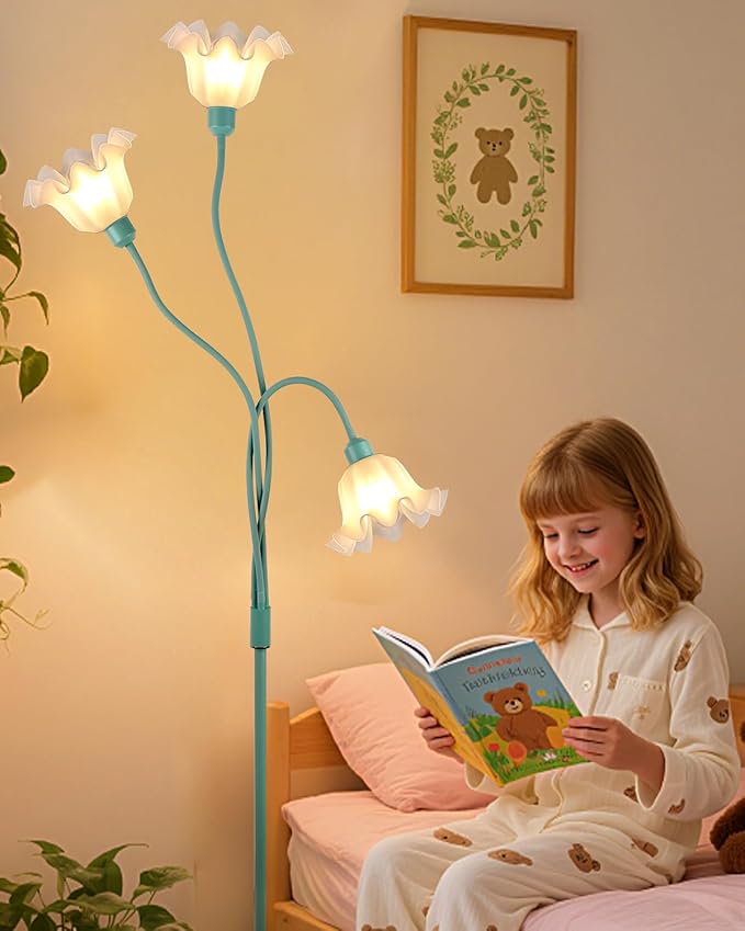Flower Floor Lamp for Living Room, Modern Tree Floor Lamp with Adjustable Heads, 3 Light 3000K Soft Warmwhite Mid Century Standing Tall Lamp with 5Lbs Heavy Base for Bedroom Kids Room-Green