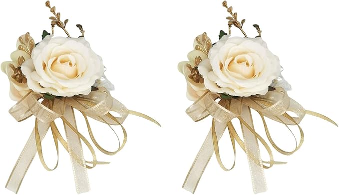 USIX 2pc Pack-Handmade Men's Lapel Pin Champagne Ivory Rose with Gold Leaves Ribbons Artificial Pearls Boutonniere Pin for Suit Wedding Groom Groomsmen Brooch Rose Boutonniere (Boutonniere)