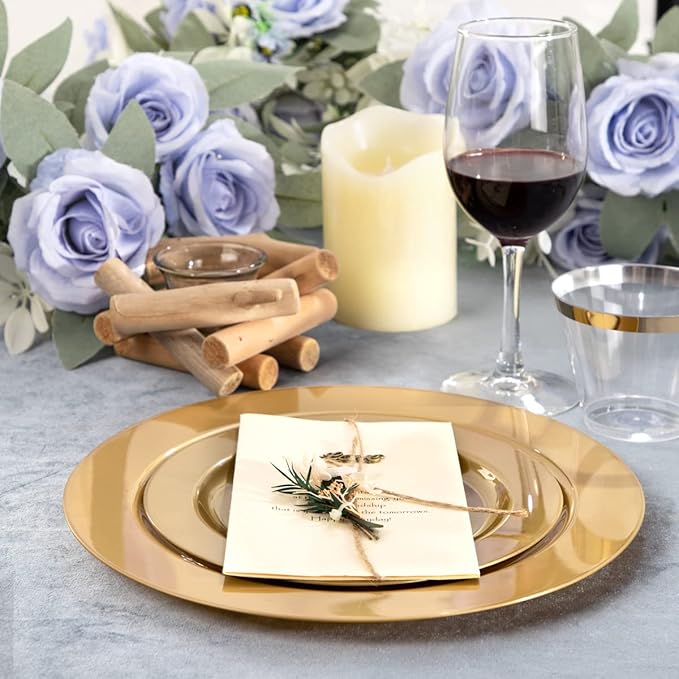 DaYammi 180pcs Gold Plastic Plates Gold Disposable Plates Plastic Silverware Include 30 Dinner Plates 30 Dessert Platos 30 Fork 30 Knives 30 Spoon 30 Cup for Party